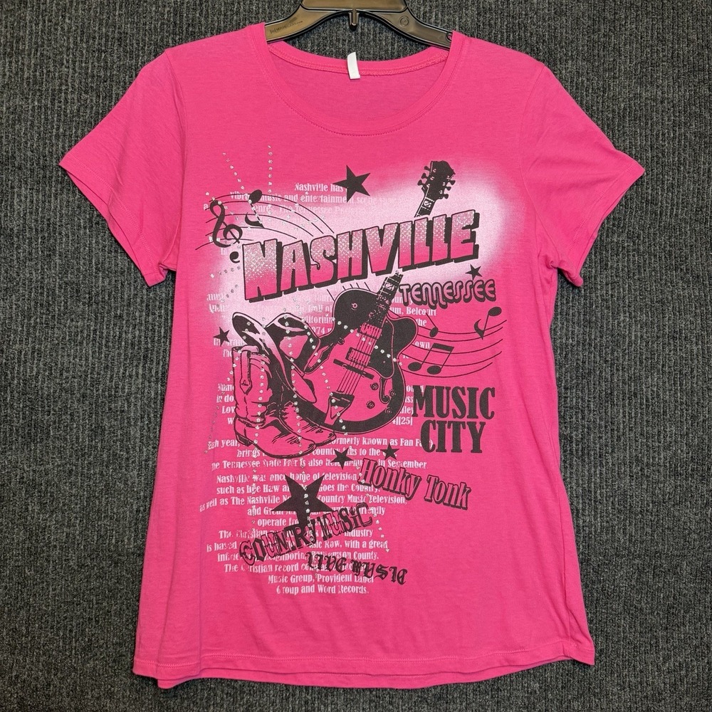 Nashville Music City pink baby tee rhinestones guitar country music Tennessee XL
